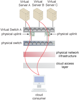 External Virtual Server Accessibility: Cloud consumers can communicate with the virtual servers after the virtual switch’s physical uplinks have been implemented.