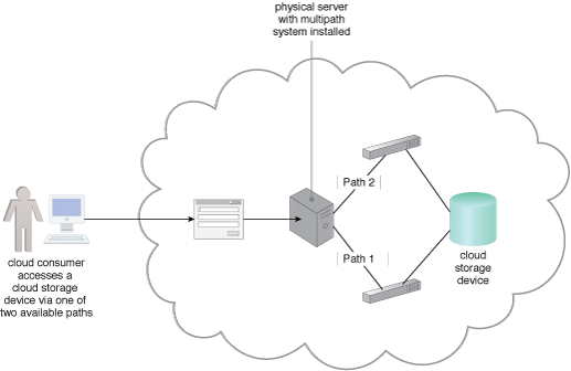 Multipath Resource Access: A multipathing system providing alternative paths to a cloud storage device.