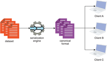 Canonical Data Format: A canonical and extensible serialization format is chosen to save data such that disparate clients are able to read and write data. This saves from having to perform any data format conversion or keeping multiple copies of a dataset in different formats. The canonical serialization format is generally based on a schema-driven format that provides information about the structure of the data.