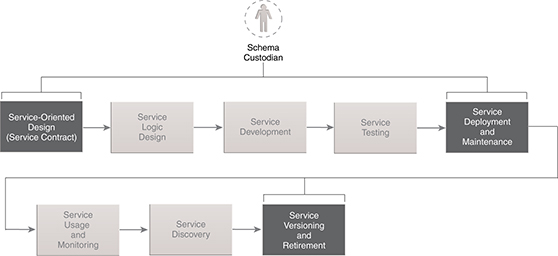 Schema Custodian: The Schema Custodian gets involved whenever the service contract's schema(s) are affected. It is part of its definition, implementation, and any subsequent versioning requirements.